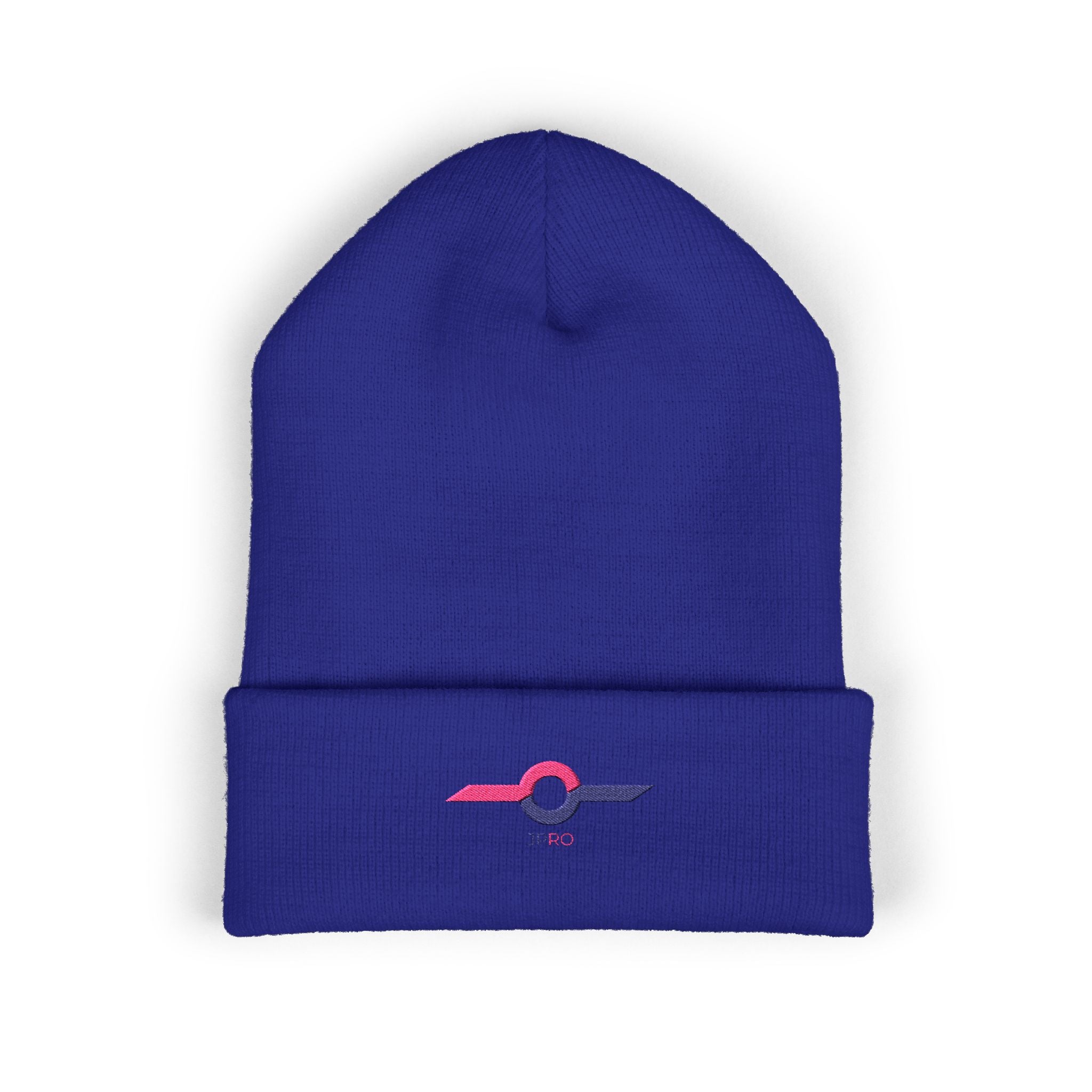 Embroidered Minimalist Winged Circle Beanie — White Cuffed Knit Hat