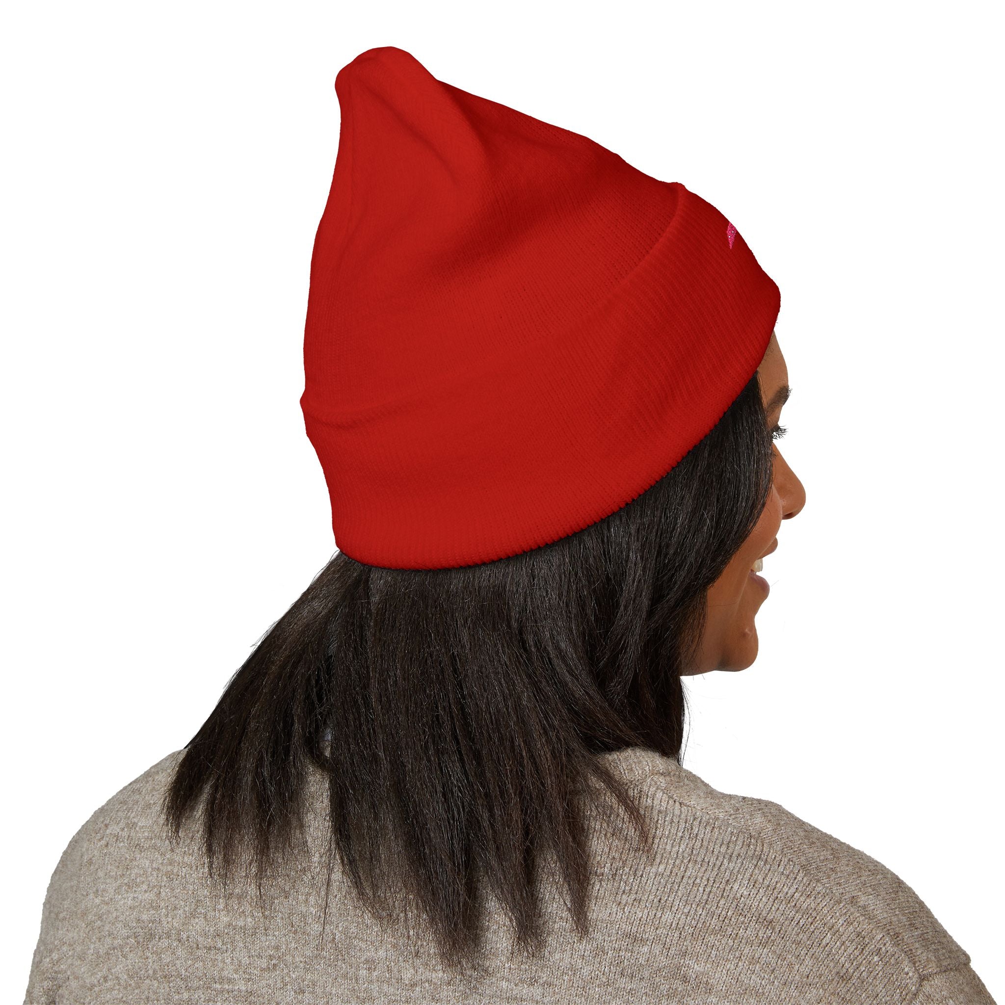 Embroidered Minimalist Winged Circle Beanie — White Cuffed Knit Hat