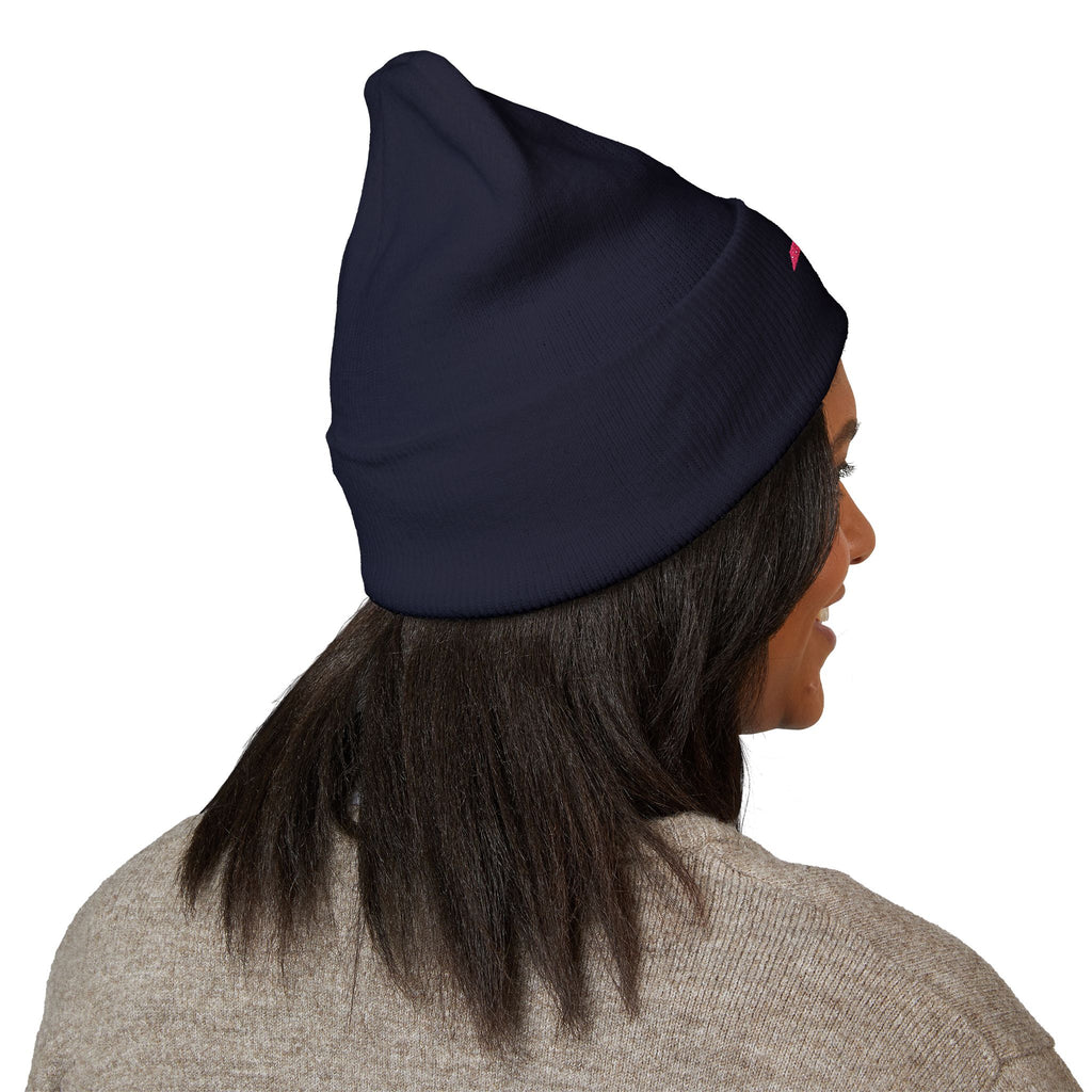 Embroidered Minimalist Winged Circle Beanie — White Cuffed Knit Hat