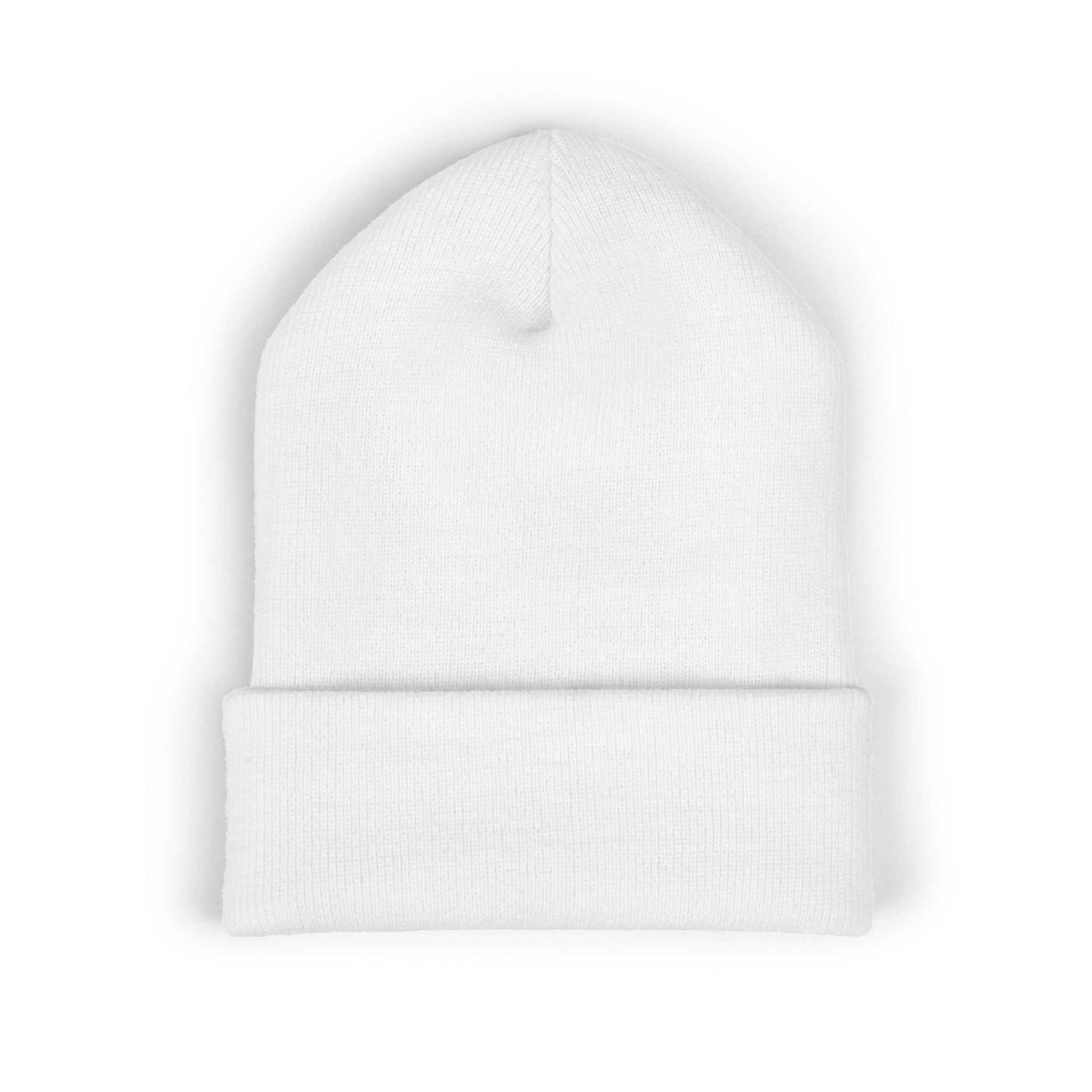 Embroidered Minimalist Winged Circle Beanie — White Cuffed Knit Hat