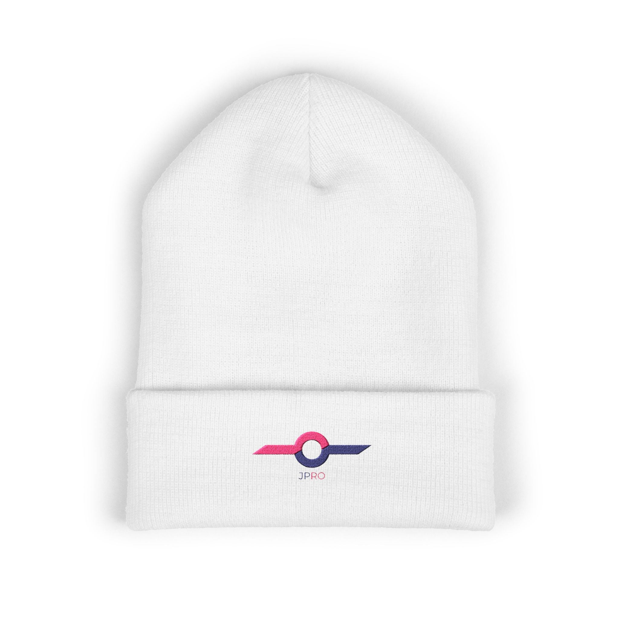 Embroidered Minimalist Winged Circle Beanie — White Cuffed Knit Hat