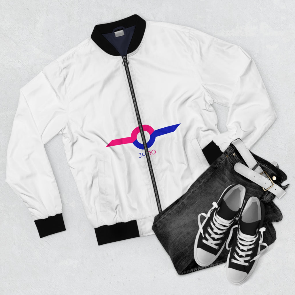 Men's Bomber Jacket with Colorful Sunburst Logo – Lightweight White AOP Jacket