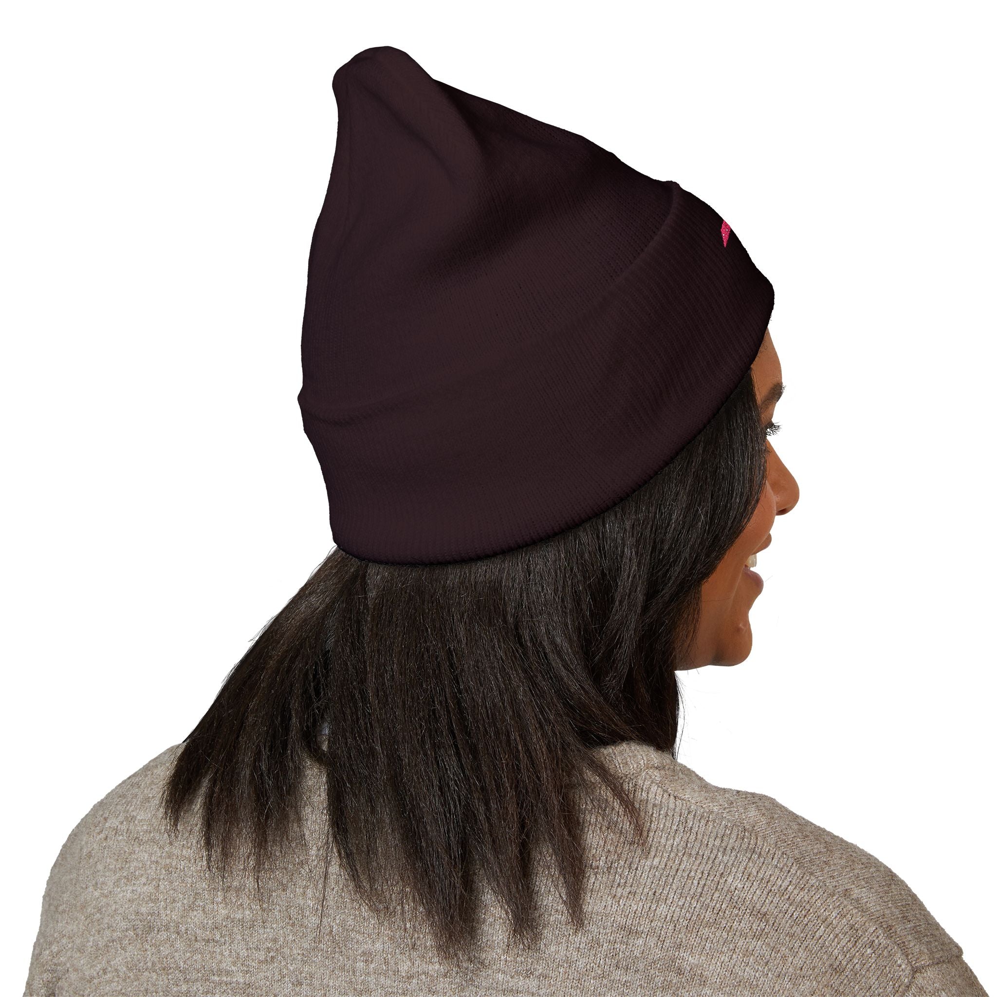 Embroidered Minimalist Winged Circle Beanie — White Cuffed Knit Hat