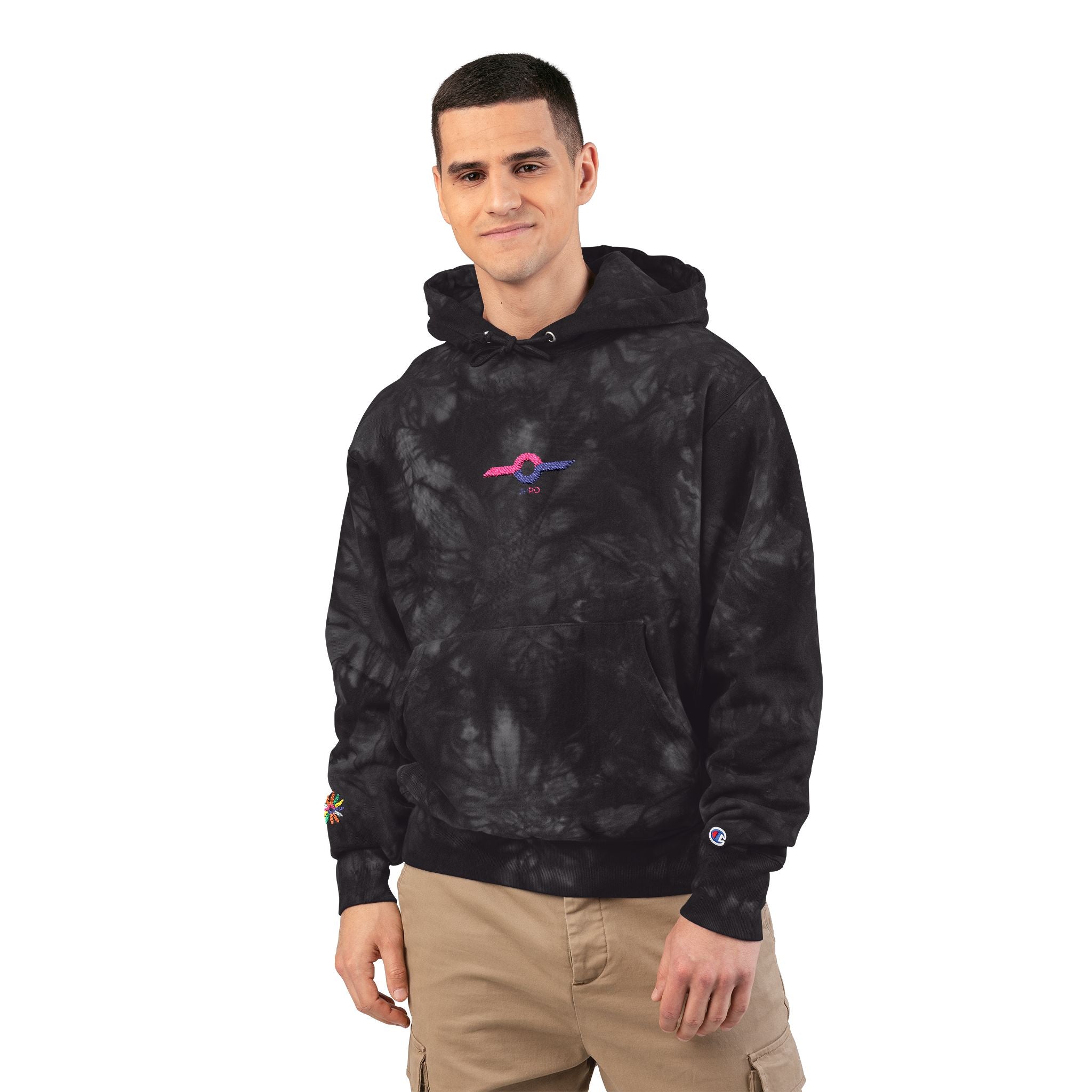 Embroidered Tie-Dye Champion Hoodie — Black Marble