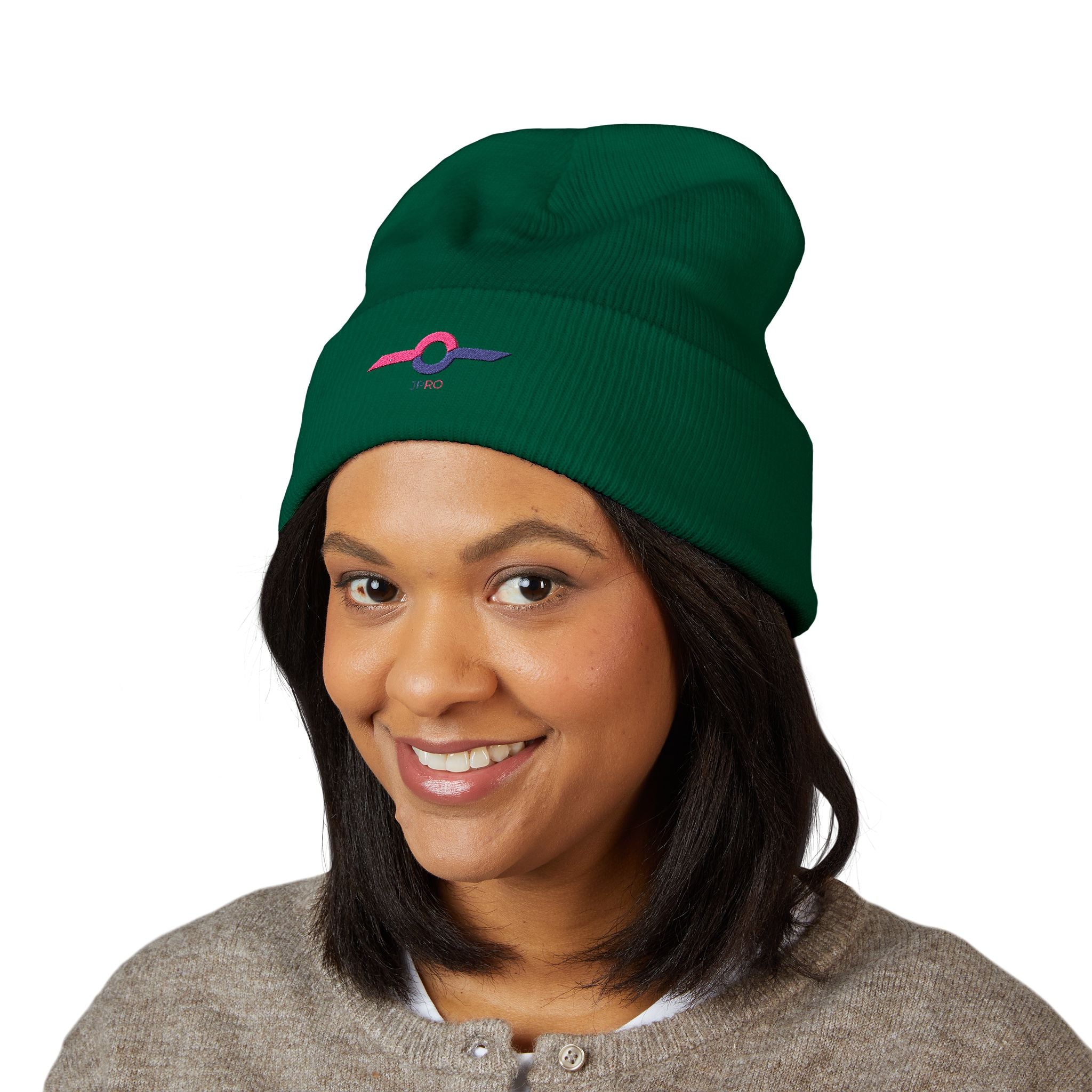 Embroidered Minimalist Winged Circle Beanie — White Cuffed Knit Hat