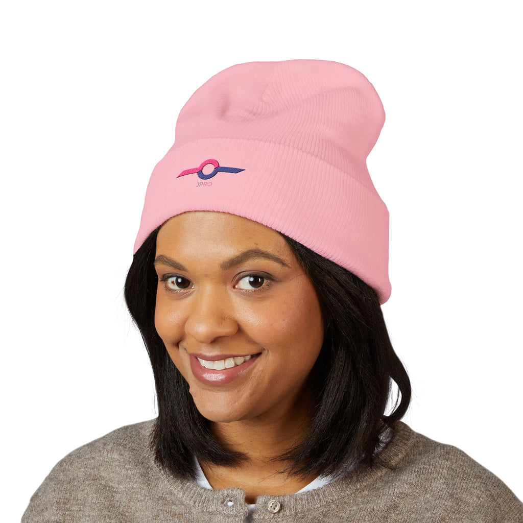 Embroidered Minimalist Winged Circle Beanie — White Cuffed Knit Hat