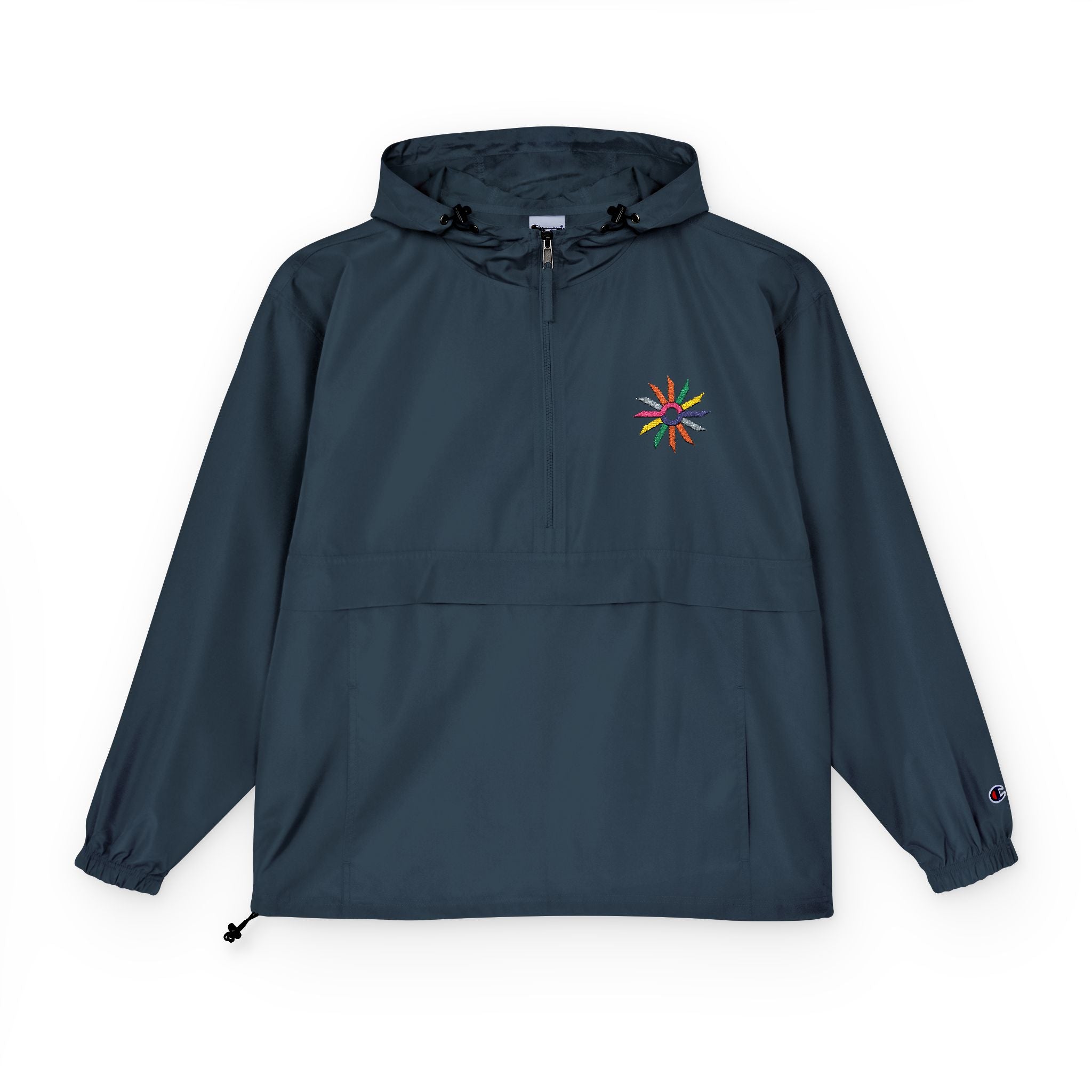 Orange Packable Anorak Jacket with Colorful Floral Compass Embroidery