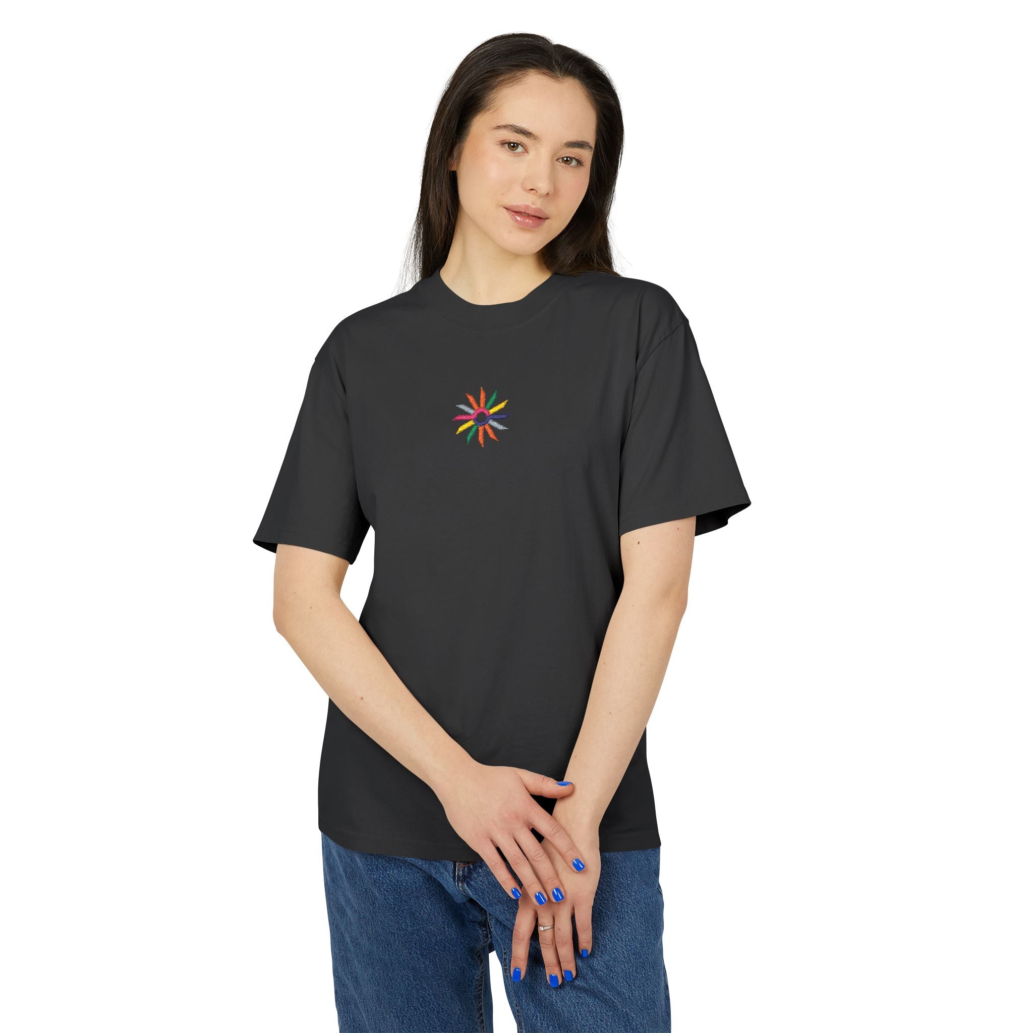 Minimal Floral Burst Tee — Small Colorful Flower Chest Print