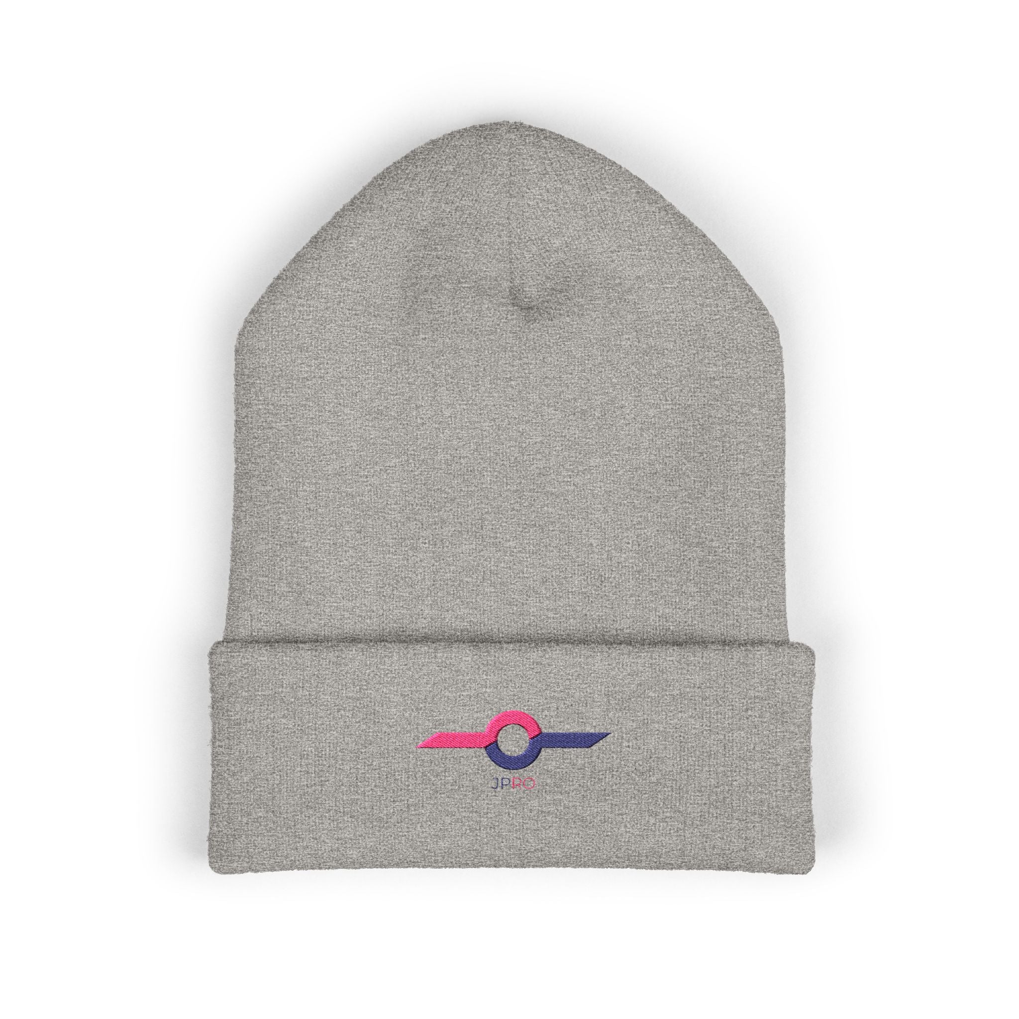 Embroidered Minimalist Winged Circle Beanie — White Cuffed Knit Hat