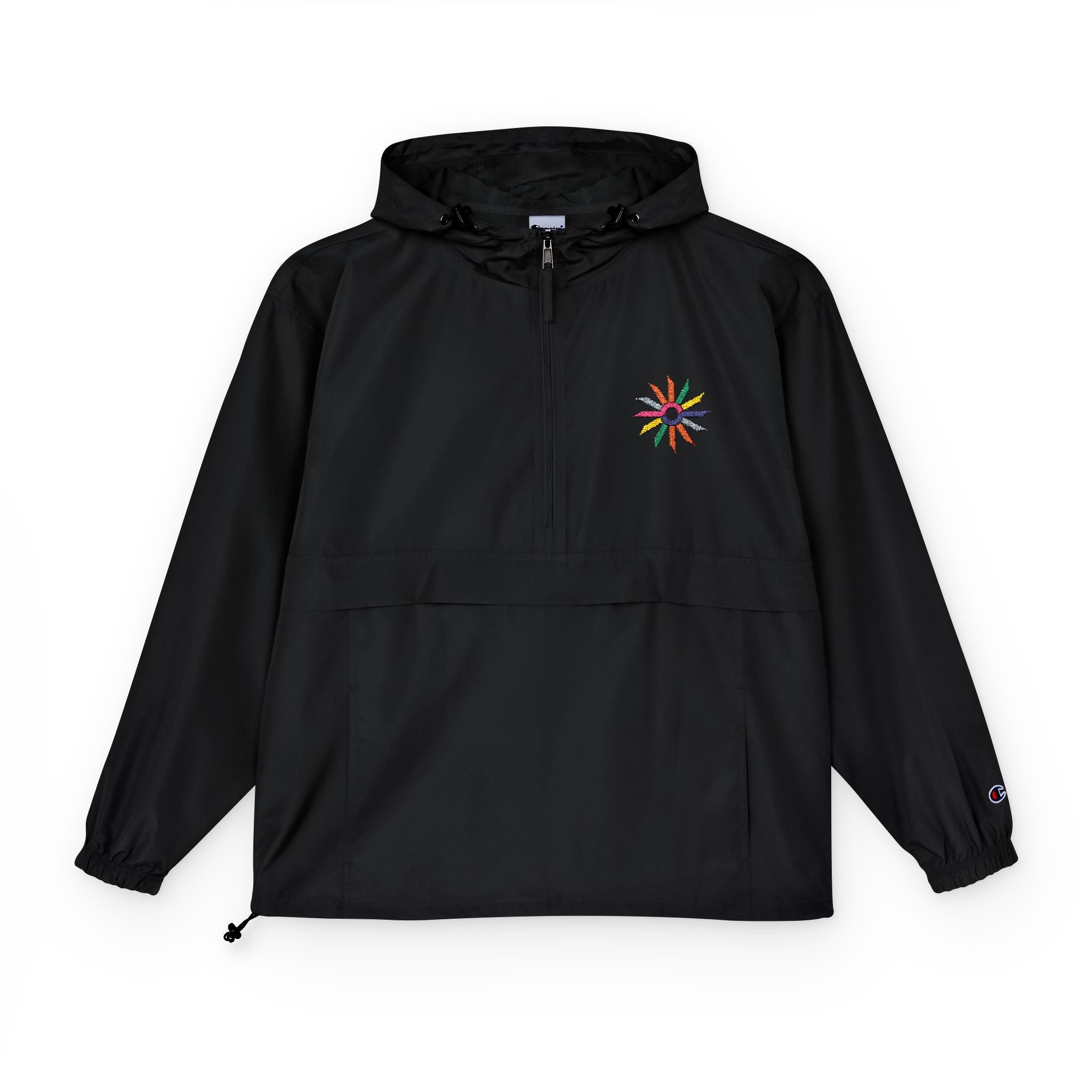 Orange Packable Anorak Jacket with Colorful Floral Compass Embroidery