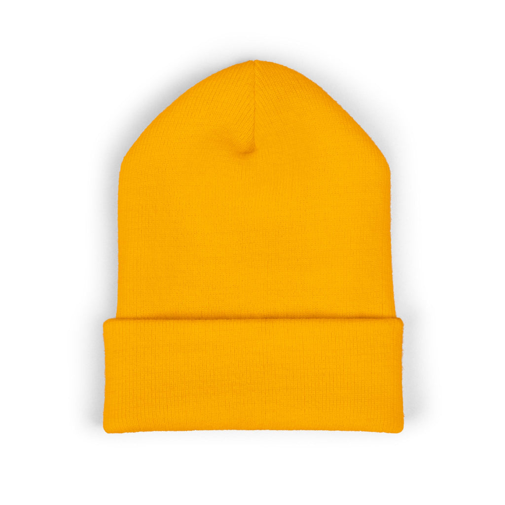 Embroidered Minimalist Winged Circle Beanie — White Cuffed Knit Hat