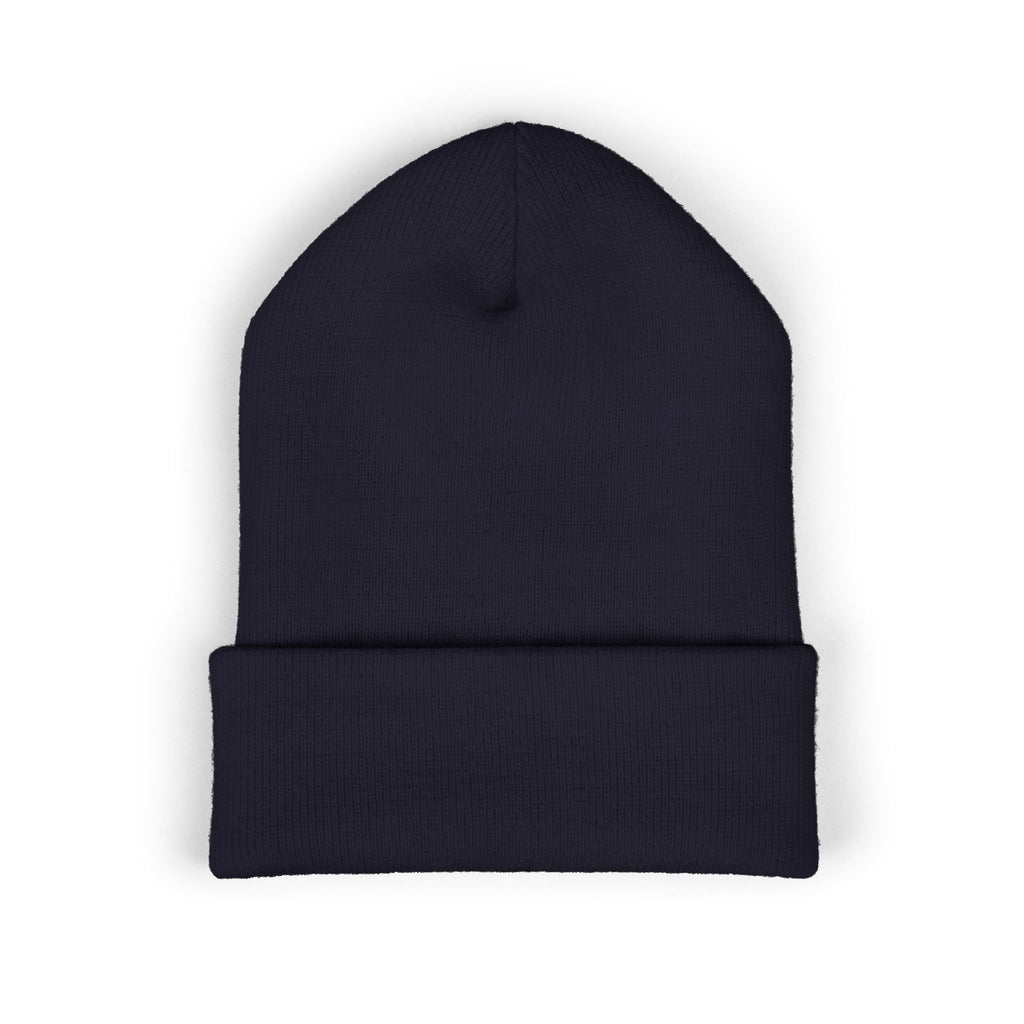 Embroidered Minimalist Winged Circle Beanie — White Cuffed Knit Hat