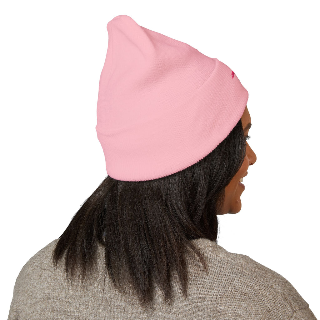 Embroidered Minimalist Winged Circle Beanie — White Cuffed Knit Hat