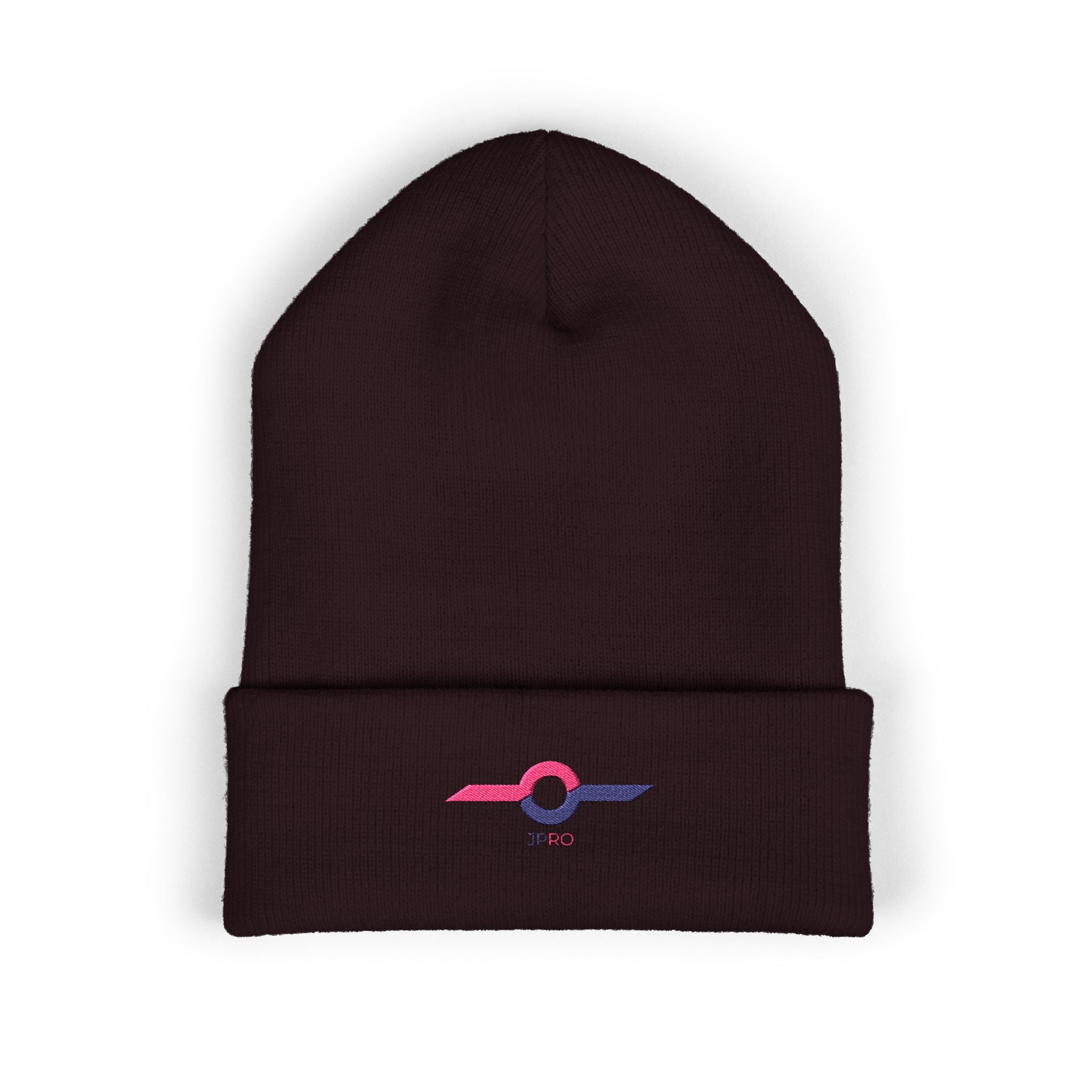 Embroidered Minimalist Winged Circle Beanie — White Cuffed Knit Hat