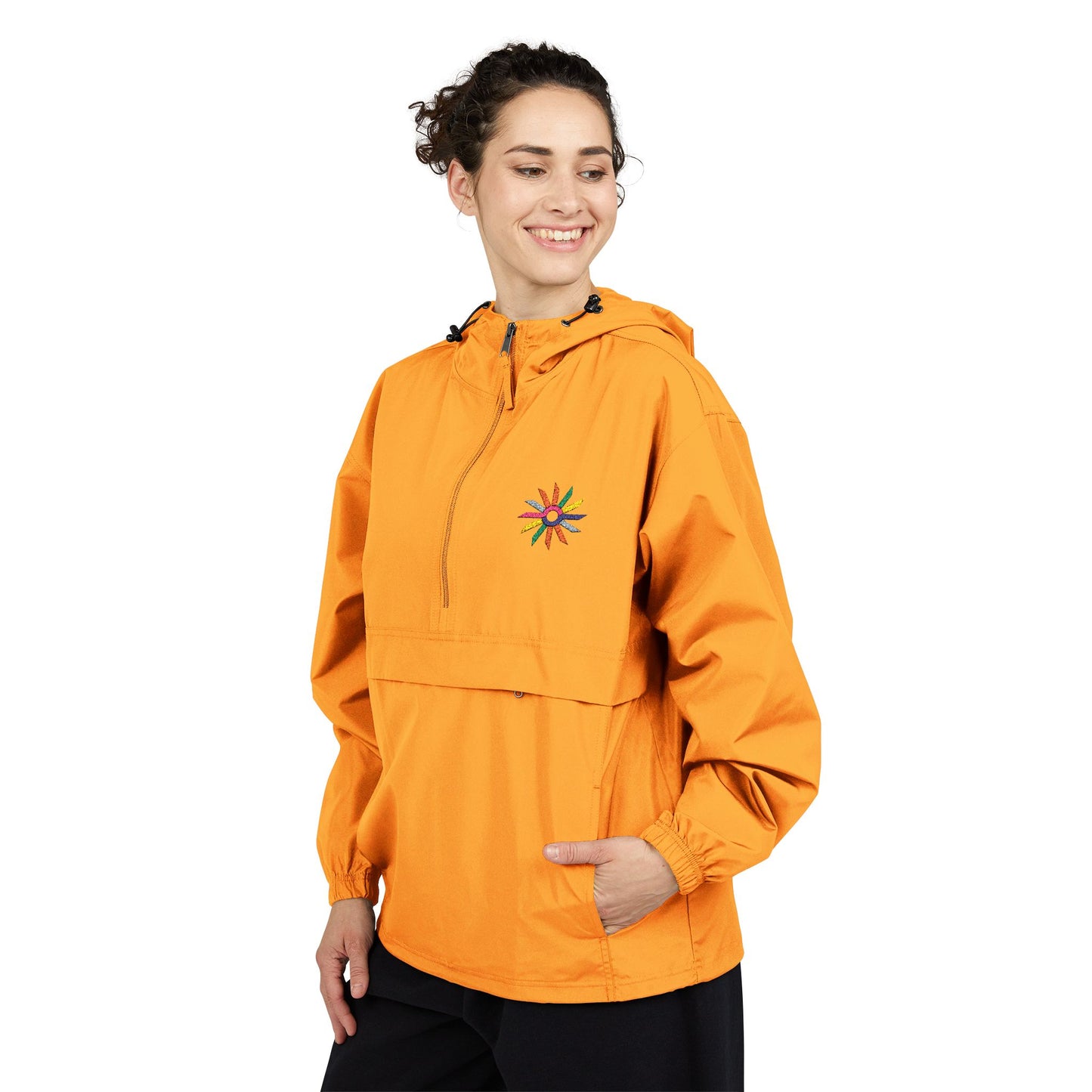 Orange Packable Anorak Jacket with Colorful Floral Compass Embroidery