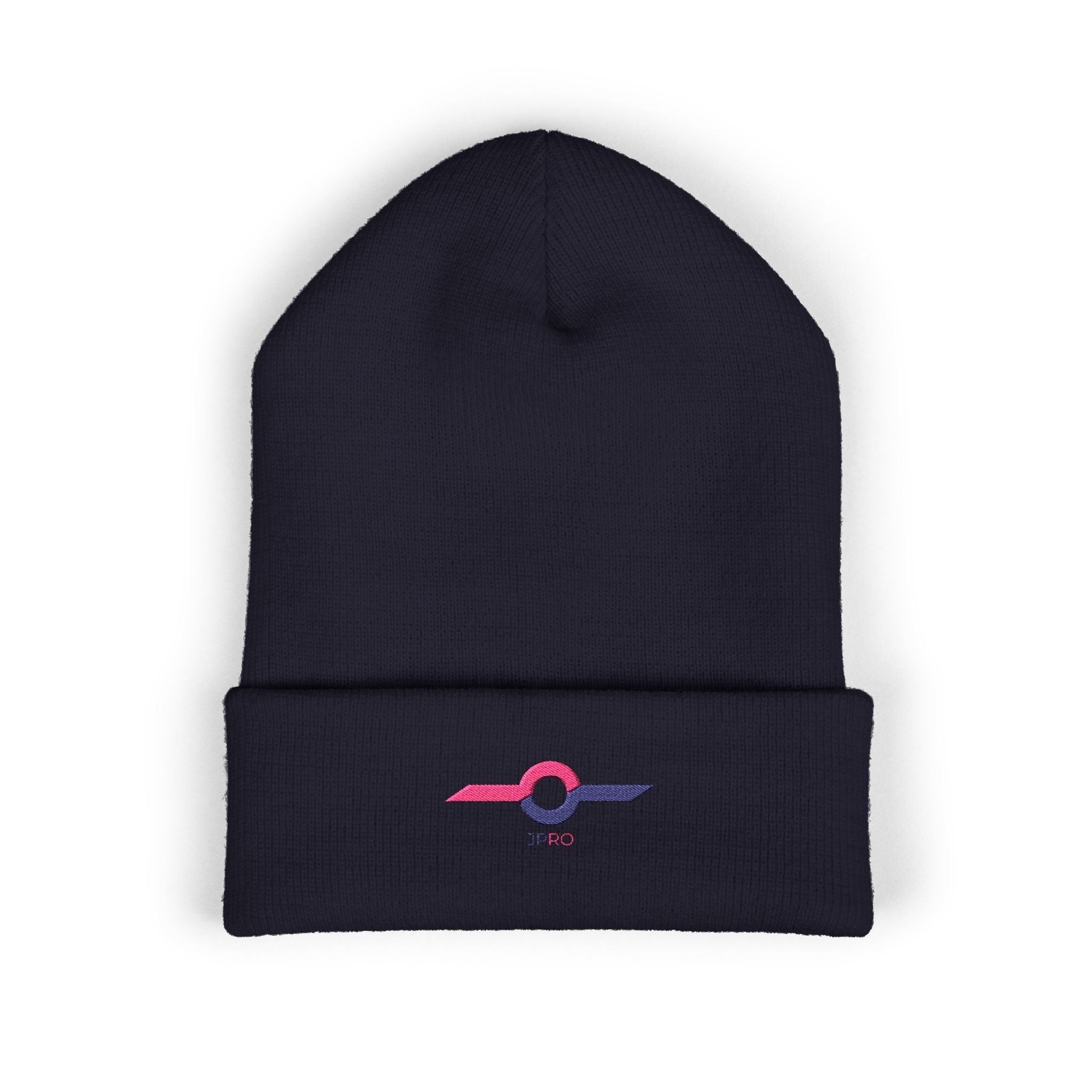 Embroidered Minimalist Winged Circle Beanie — White Cuffed Knit Hat