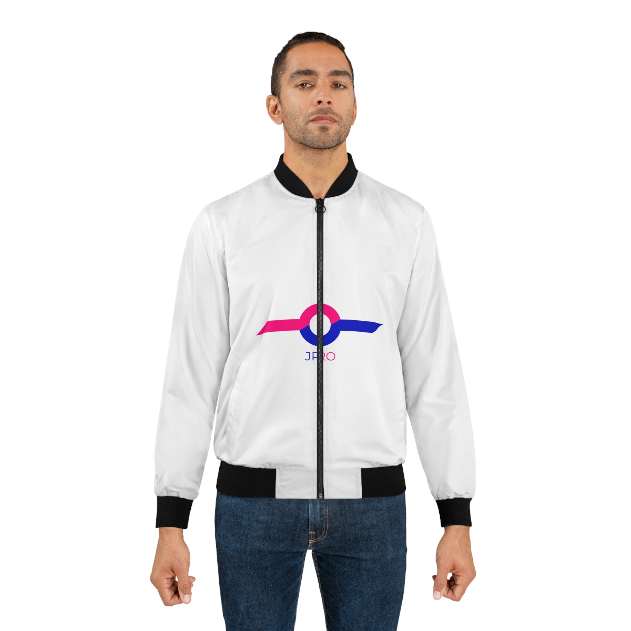 Men's Bomber Jacket with Colorful Sunburst Logo – Lightweight White AOP Jacket
