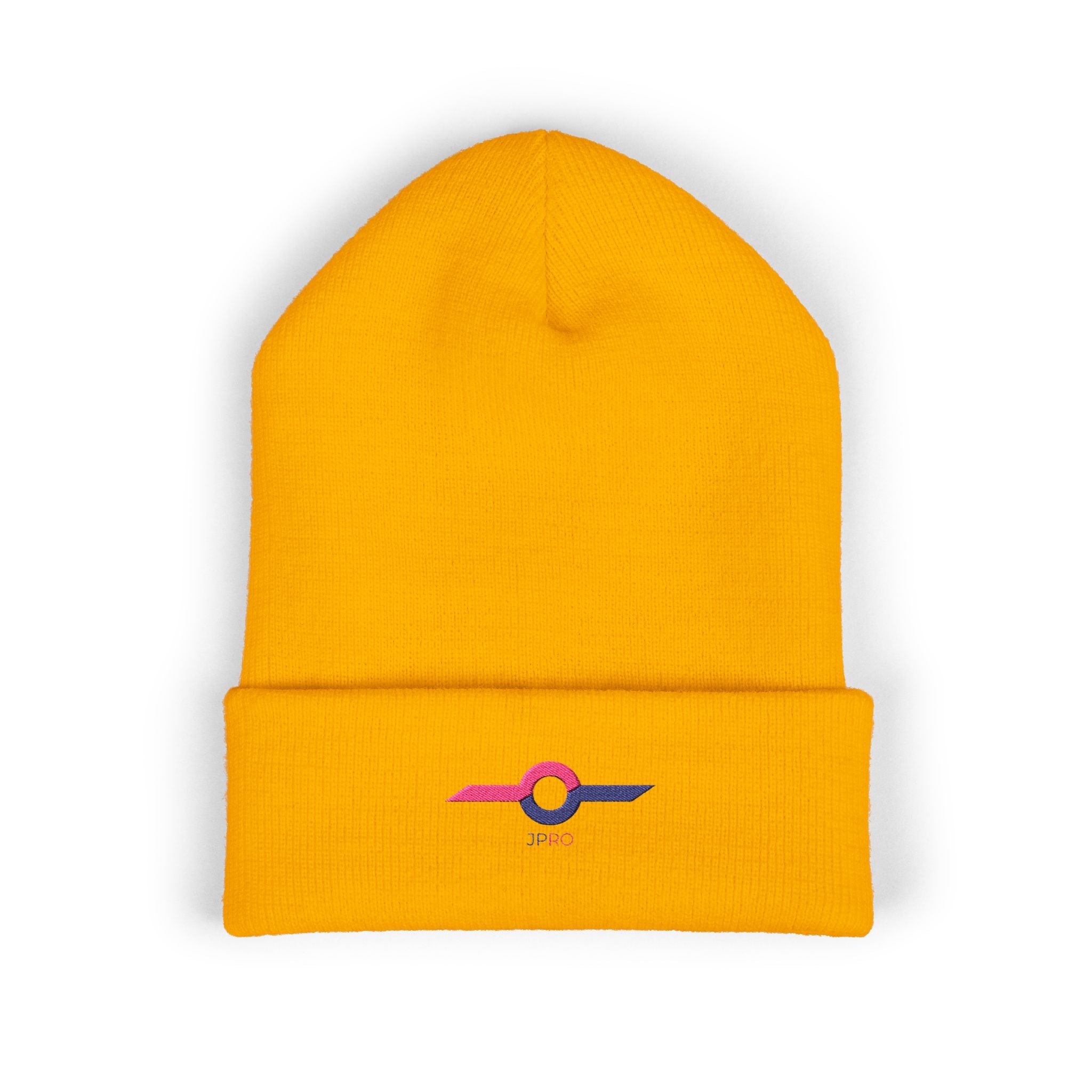 Embroidered Minimalist Winged Circle Beanie — White Cuffed Knit Hat