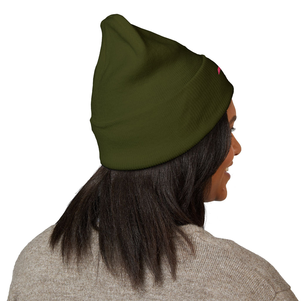 Embroidered Minimalist Winged Circle Beanie — White Cuffed Knit Hat
