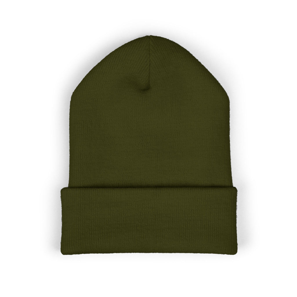 Embroidered Minimalist Winged Circle Beanie — White Cuffed Knit Hat