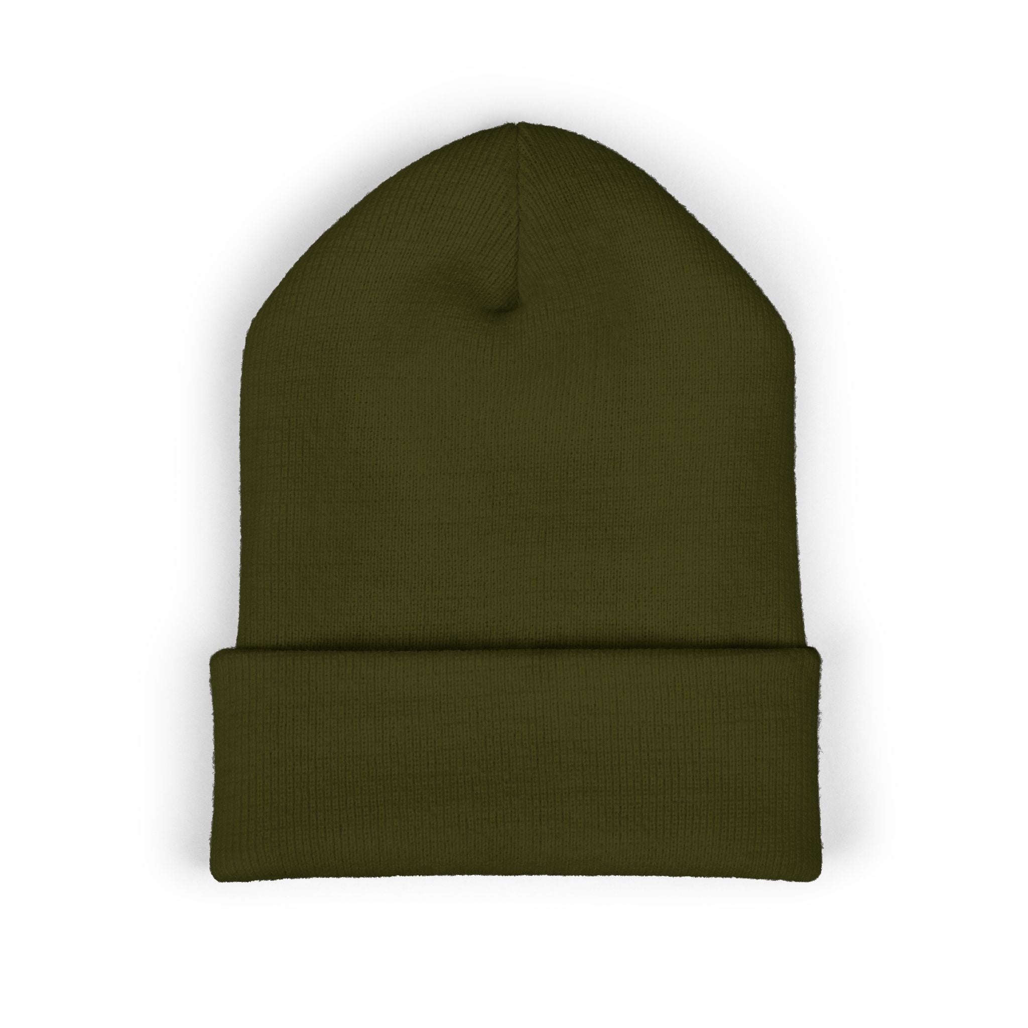 Embroidered Minimalist Winged Circle Beanie — White Cuffed Knit Hat