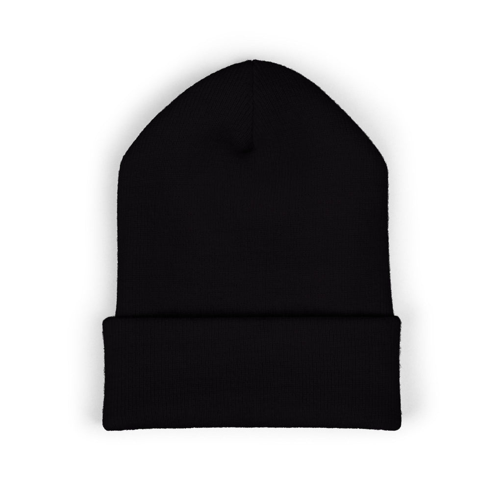 Embroidered Minimalist Winged Circle Beanie — White Cuffed Knit Hat