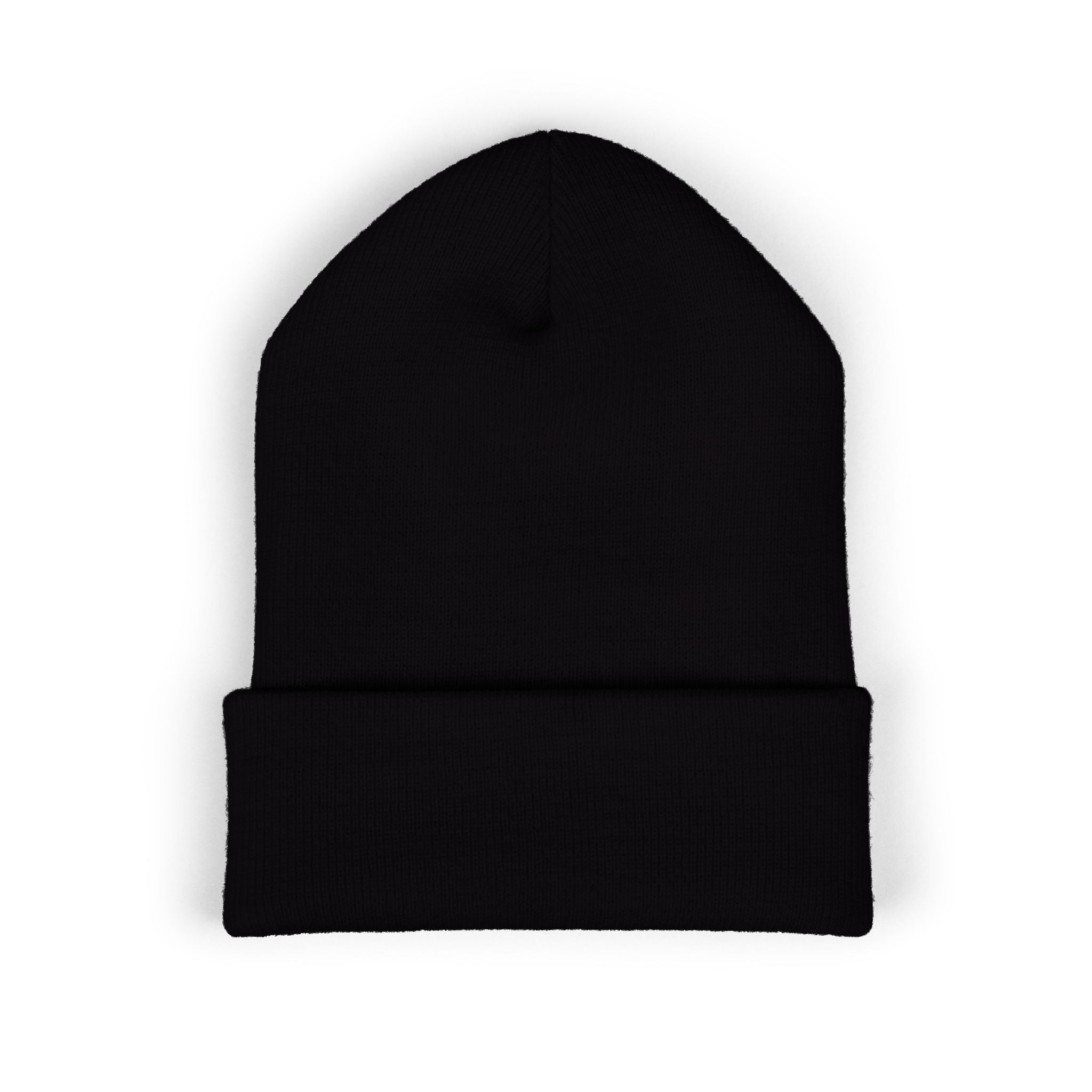 Embroidered Minimalist Winged Circle Beanie — White Cuffed Knit Hat
