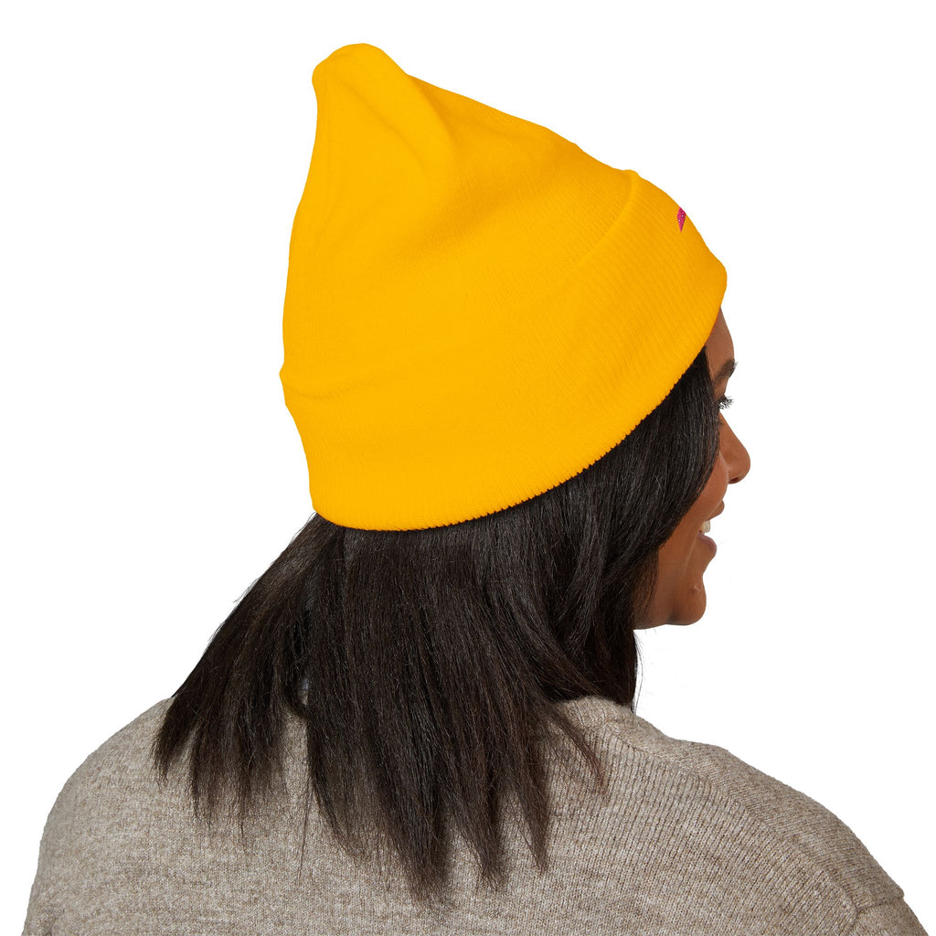 Embroidered Minimalist Winged Circle Beanie — White Cuffed Knit Hat