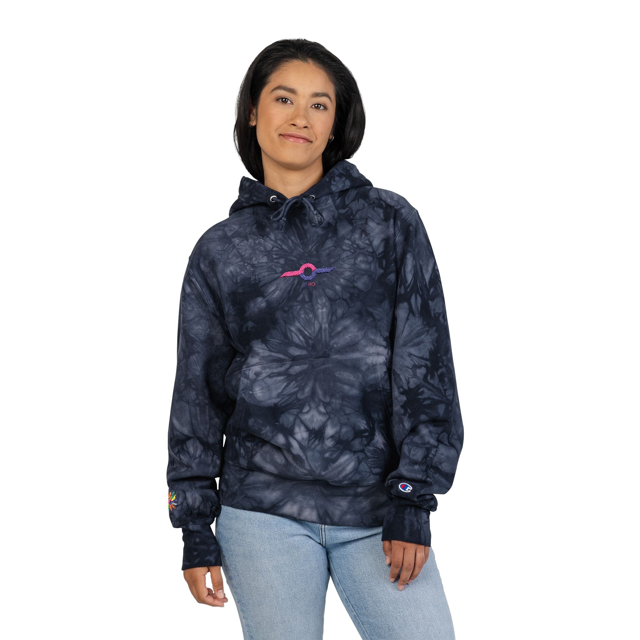 Embroidered Tie-Dye Champion Hoodie — Black Marble