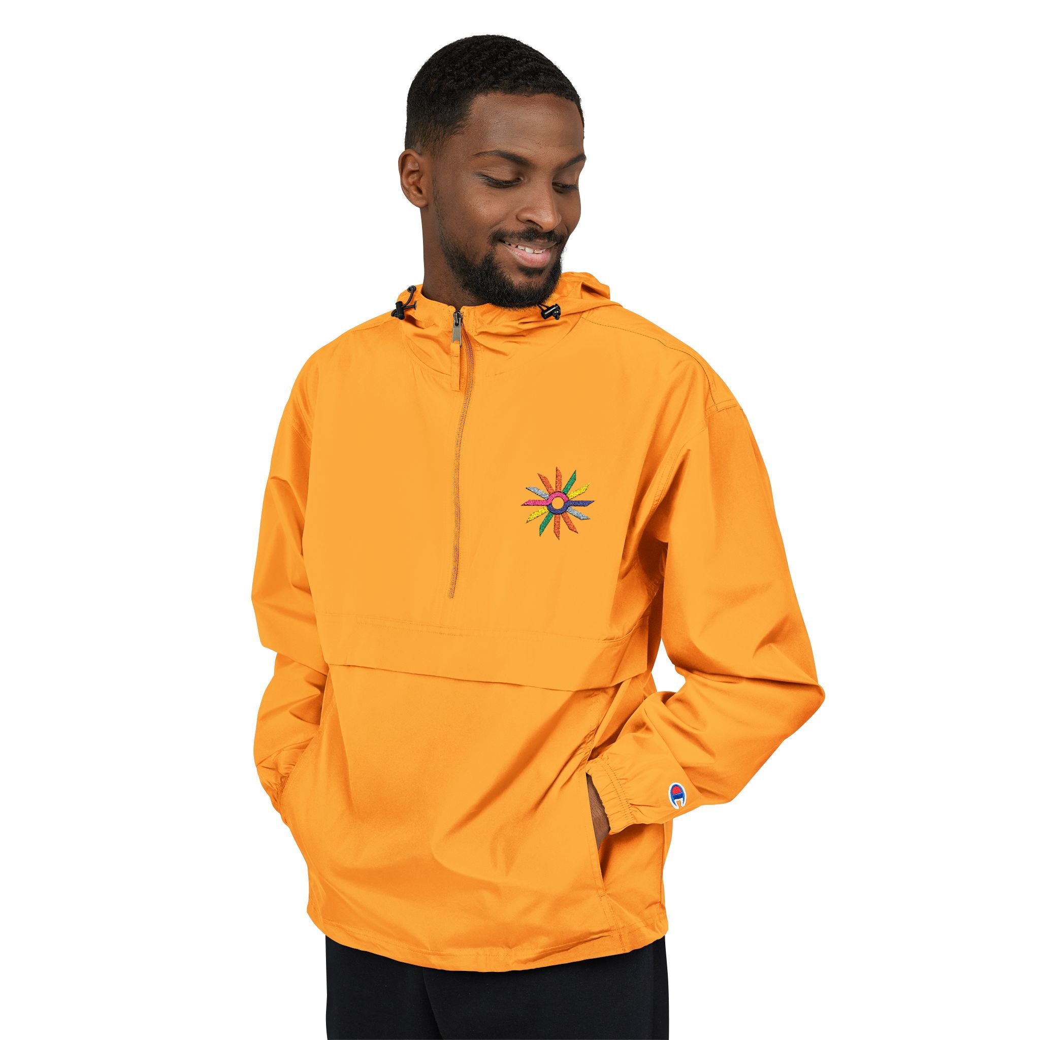 Orange Packable Anorak Jacket with Colorful Floral Compass Embroidery