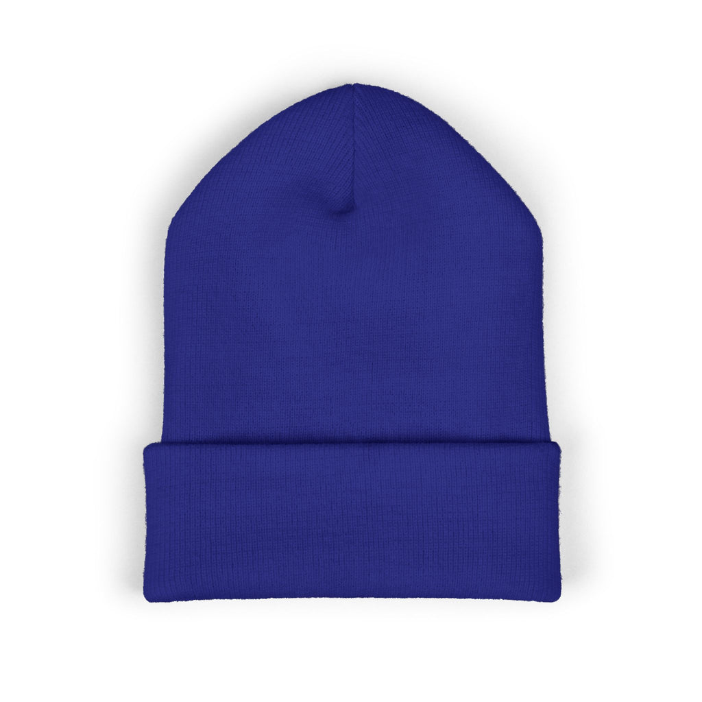 Embroidered Minimalist Winged Circle Beanie — White Cuffed Knit Hat